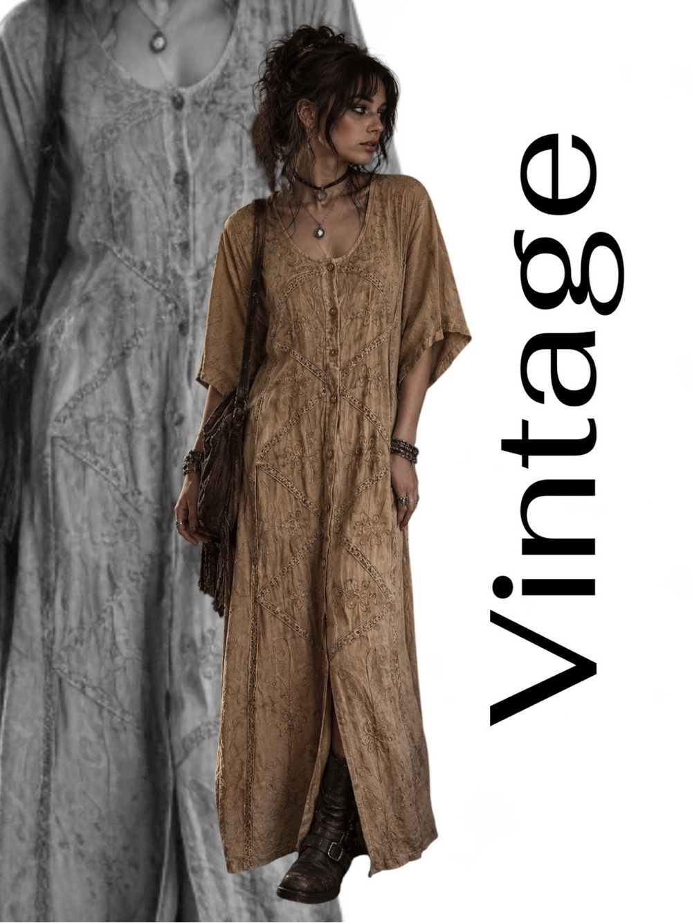 Vintage 90s Beige Tan Boho Embroidered Maxi Dress Rayon India Large
